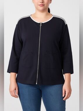 Joan Vass black white trim cardigan jacket zip up three quarter sleeves